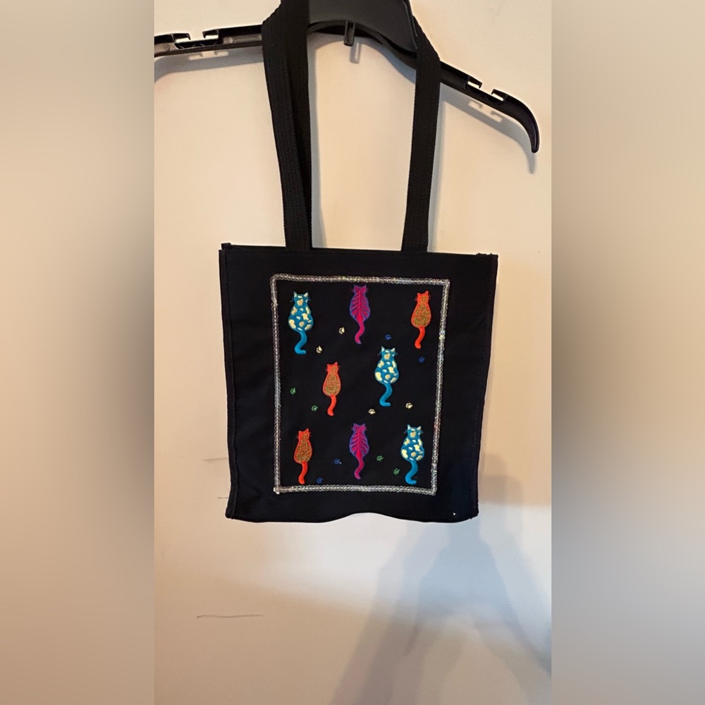 Embroidered‎ colorful Cat Canvas Tote Bag Black Shoulder Strap Purse